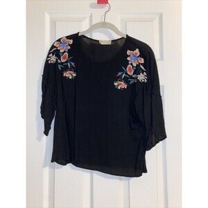 Altar'd State Blouse Black Flutter Sleeve Top Ruffle Trim Floral Embroidery